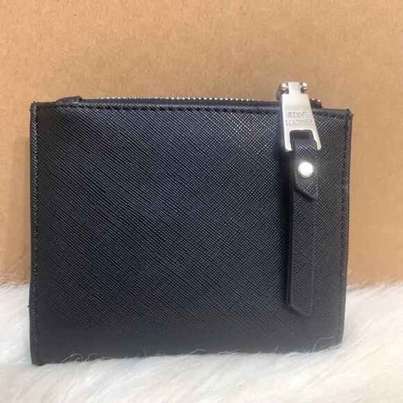 STEVE MADDEN Black Cross Grain Vegan Leather JADYN Bifold Wallet w/ ID Card Case - Picture 3 of 13